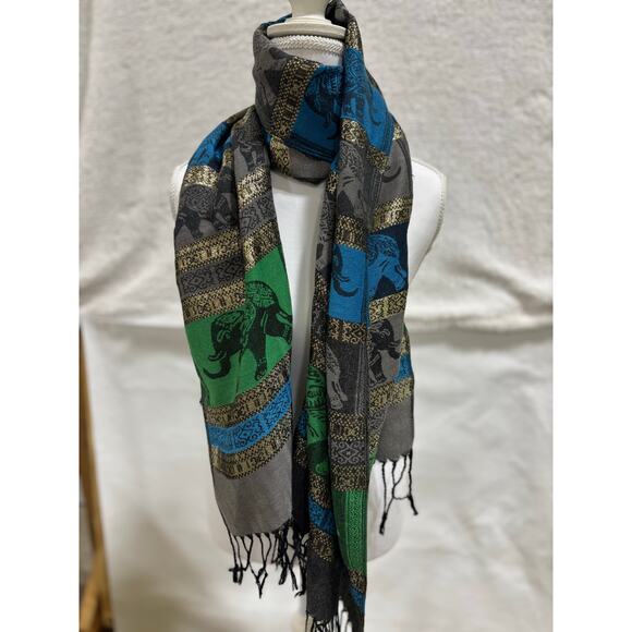 Pashmina 100% Cashmere Elephant Shawl Scarf Metallic Green Blue Gray  novelty - Picture 6 of 9